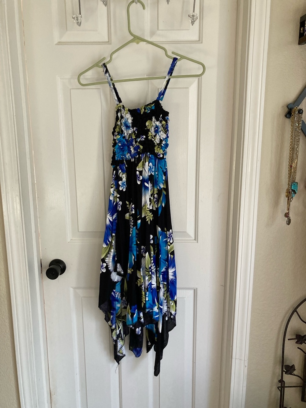 Black Floral Handkerchief Hem Sundress with Blue & Green Blooms
